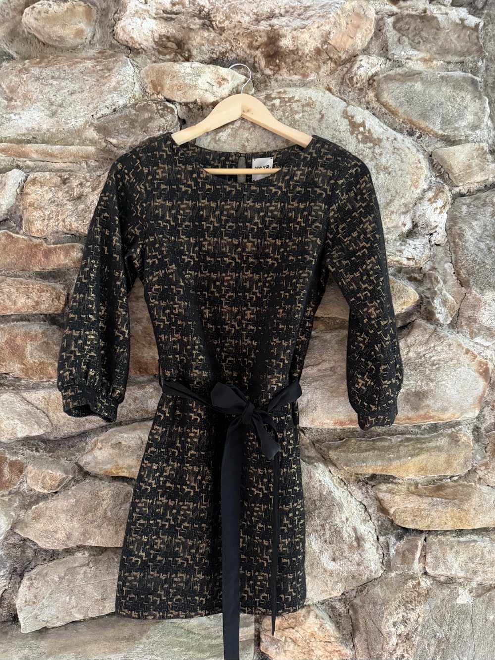 YSTR Black and Gold Patterned Long-Sleeve Mini Dress with Belt
